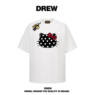 T恤男女街头宽松情侣半袖 ins 潮牌波点HelloKitty印花短袖 drew美式