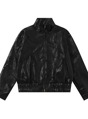 复古痞帅风黑色立领亮面皮衣短款宽松拉链机车夹克百搭三防外套