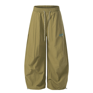 美式复古弯刀阔腿裤男女宽松百搭休闲长裤卡其色抽绳裤工装布裤