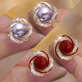 2025新款 紫色珍珠耳钉精致小巧银针防过敏耳饰轻奢高级感红色耳环