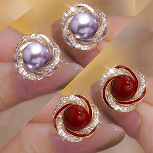 2025新款紫色珍珠耳钉精致小巧银针防过敏耳饰轻奢高级感红色耳环