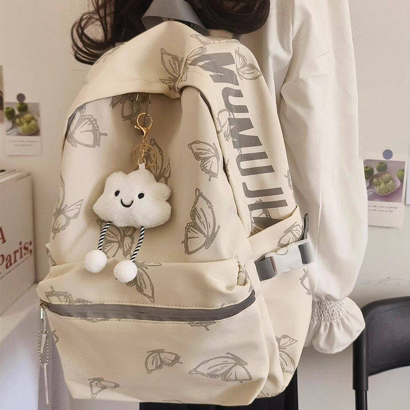 双肩包女百搭大学生上课书包蝴蝶休闲背包电脑小众设计字母中学生