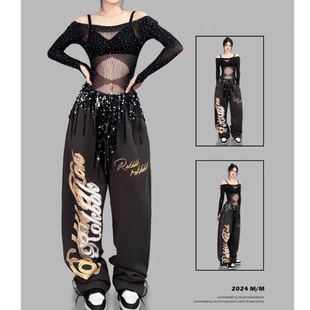 潮 女嘻哈jazz运动跳舞直筒长裤 美式 街舞潮牌爵士hiphop嘻哈休闲裤