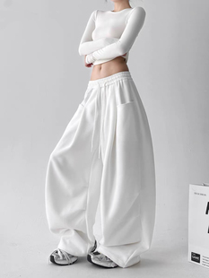 阔腿裤 美式 工装 女嘻哈高腰直筒宽松休闲卫裤 子 爵士jazz白色运动裤