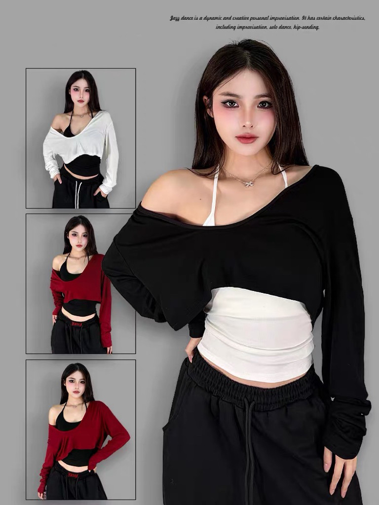 美式辣妹性感露脐长袖T恤女爵士jzza百搭两件套纯欲宽松叠穿上衣,女装/女士精品,T恤,淘宝优惠券,粉丝福利购,淘宝优惠卷