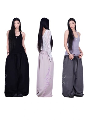 美式原创自制爆闪钻石水墨蛇卫裤辣妹百搭休闲爵士阔腿时尚运动裤