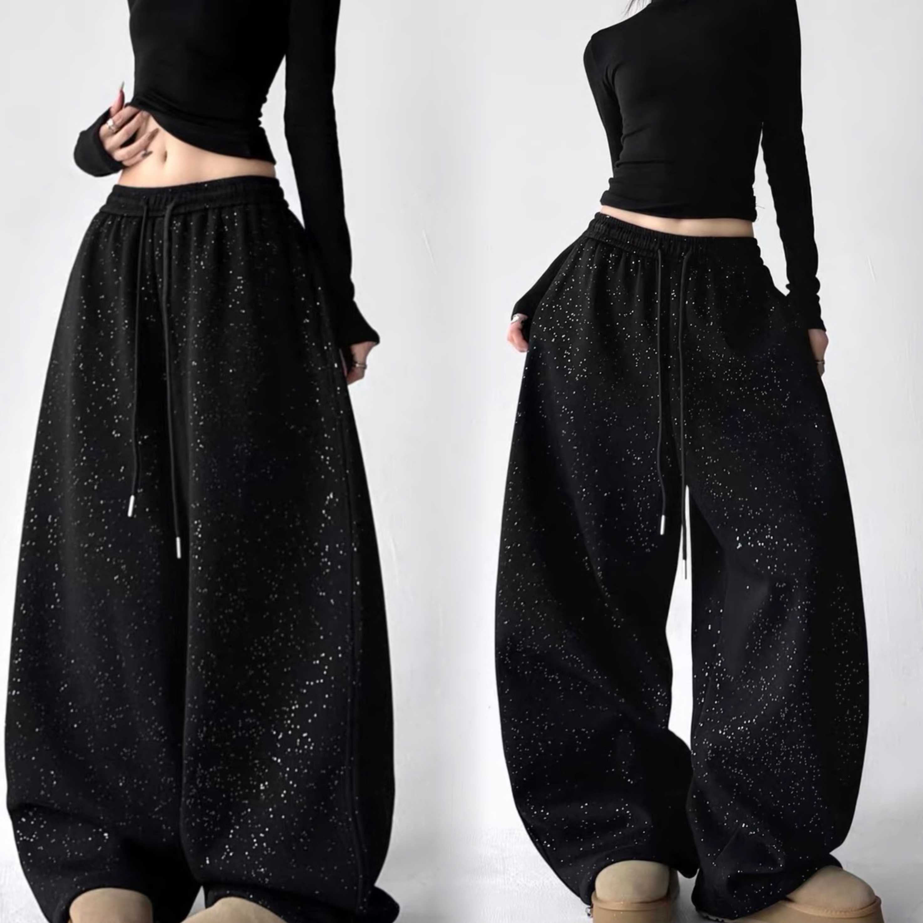 美式辣妹风满天星烫钻抽绳休闲裤女爵士jazz嘻哈直筒拖地运动长裤,女装/女士精品,休闲裤,淘宝优惠券,粉丝福利购,淘宝优惠卷