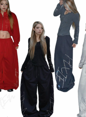 美式红色烫钻休闲裤女街舞嘻哈宽松直筒阔腿裤爵士jazz跳舞长裤子