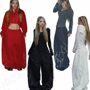 爵士jazz跳舞长裤 女街舞嘻哈宽松直筒阔腿裤 子 红色烫钻休闲裤 美式