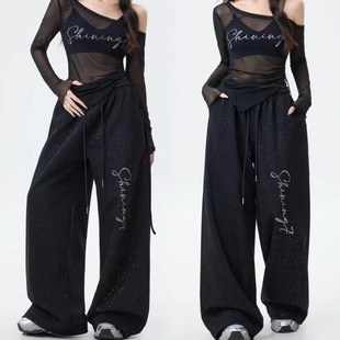 美式原创街舞烫钻闪闪裤女宽松慵懒直筒休闲运动卫裤阔腿爵士长裤