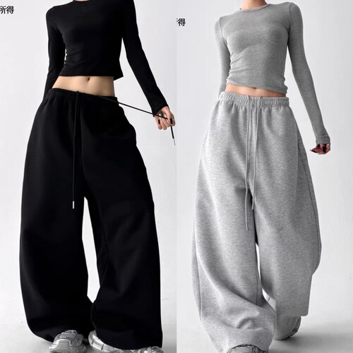 美式复古灰色运动卫裤女嘻哈宽松直筒裤子垂坠感拖地阔腿爵士长裤