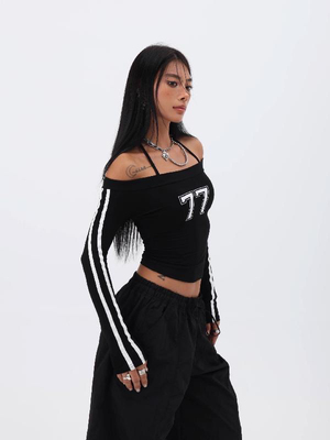 美式辣妹自制一字肩跳舞T恤爵士jzza纯欲风嘻哈修身显瘦长袖上衣