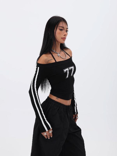 美式辣妹自制一字肩跳舞T恤爵士jzza纯欲风嘻哈修身显瘦长袖上衣