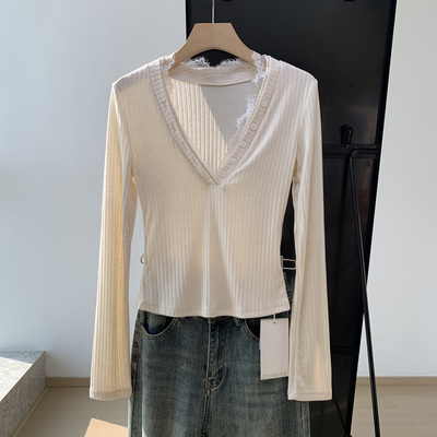 白色蕾丝花边打底衫女春秋新款百搭修身针织V领百搭上衣