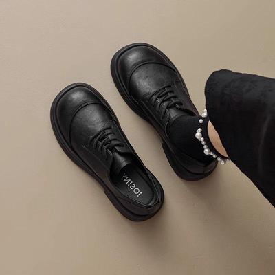 英伦风全真皮小皮鞋女系带单鞋2025新款春季黑色百搭厚底乐福鞋子