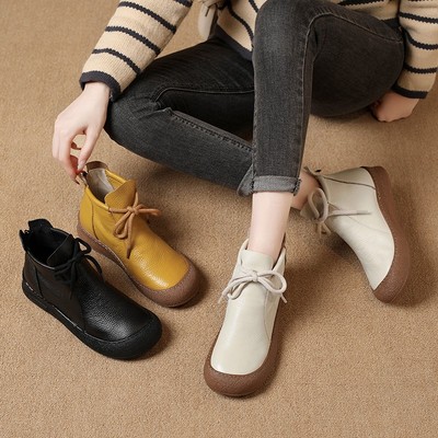 秋冬真皮中老年短靴百搭休闲马丁靴圆头防滑复古女单靴平底棉鞋