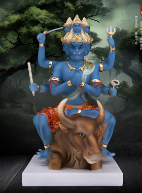 汉白玉彩绘贴金大威德明王摆件