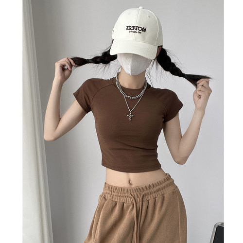 美拉德BM风修身圆领短袖T恤女夏紧身插肩袖爵士舞跳舞露脐小上衣