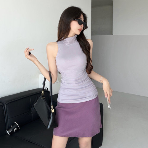 晚晚风天丝无袖背心+缎面A字短裙女高领修身收腰两件套设计感套装