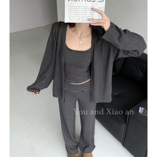 长裤 靓女出街 小众设计条纹百搭背心开衫 女秋季 子 松弛风韩系套装