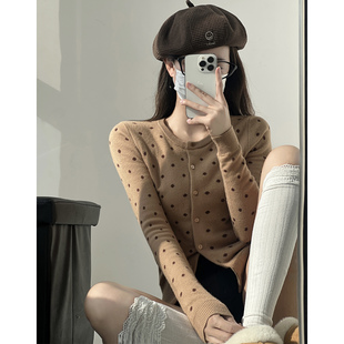 修身 复古圆领波点针织毛衣开衫 显瘦美拉德系上衣 新款 南法假日秋季