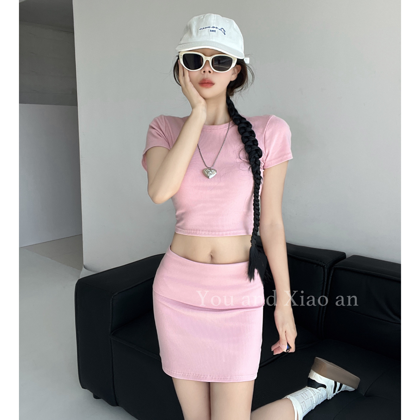 茶系穿搭~性感辣妹套装女夏季纯欲风粉色T恤上衣+包臀短裙两件套