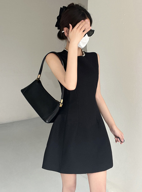高干女主~高级感黑色无袖连衣裙小个子气质显瘦中长裙千金小礼服