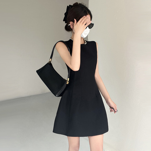 高干女主~高级感黑色无袖连衣裙小个子气质显瘦中长裙千金小礼服