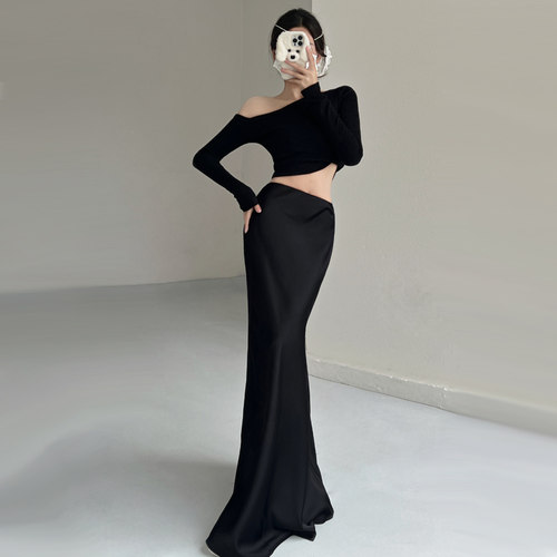 琉光丝滑垂感缎面黑色高腰显瘦修身气质鱼尾半身长裙加长拖地裙