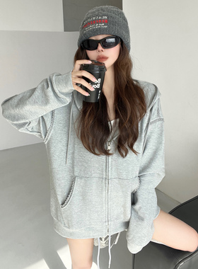 高克重~灰色蕾丝花边辣妹卫衣女宽松简约外套秋重工拉链运动上衣