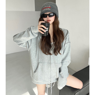 高克重~灰色蕾丝花边辣妹卫衣女宽松简约外套秋重工拉链运动上衣