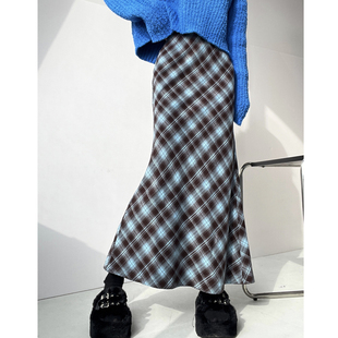 美式复古格纹开叉鱼尾裙女秋冬包臀中长裙显瘦修身高腰A字半身裙