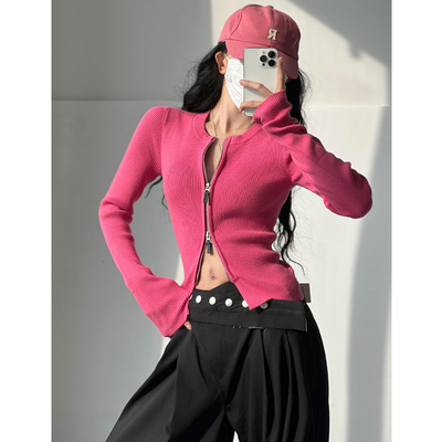 千禧少女玫粉色双拉链针织开衫