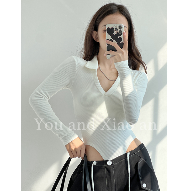 欧美辣妹基础性感V领弹力显瘦修身连体衣春秋长袖POLO衫打底T恤女