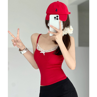 和小安纯欲风花边蕾丝拼接红色吊带背心女内搭打底衫辣妹修身上衣