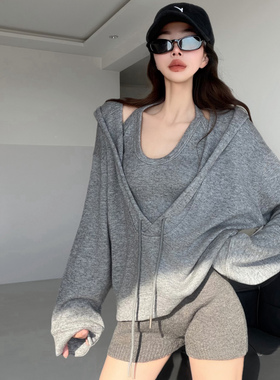 时髦精~懒人套装挂脖背心+overside连帽大版卫衣显瘦时尚两件套