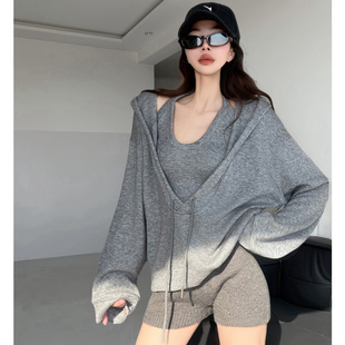 卫衣显瘦时尚 时髦精 overside连帽大版 挂脖背心 两件套 懒人套装