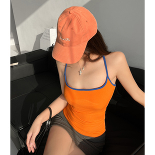 ABG辣妹~运动美背撞色吊带背心女带胸垫外穿修身显瘦多巴胺风上衣