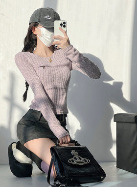 露思纯欲小众性感心机辣妹拉链露胸针织打底衫修身短款长袖毛衣女