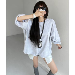 南韩女团jennie风双层泡泡袖宽松花苞上衣慵懒五分袖少女感大T恤