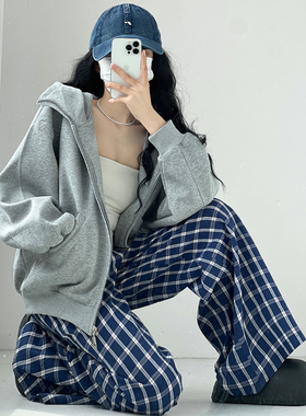 美式学姐~空气感灰色连帽卫衣秋冬宽松休闲上衣慵懒风开衫外套女