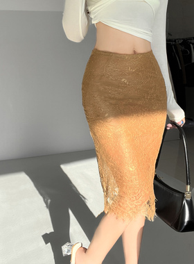 流金岁月~气质黄色蕾丝微透半身裙女性感中长款包臀弹力修身裙子