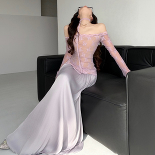 连衣裙女显瘦飘带长裙 芭蕾一字领蕾丝刺绣拼接长袖 重工私服 法式