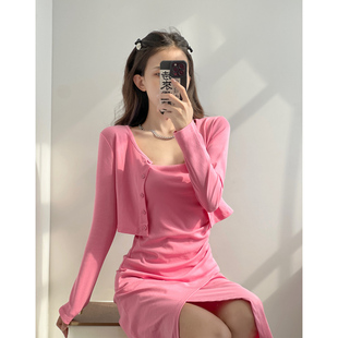 春夏辣妹性感腰部褶皱开叉吊带裙叠穿排扣长袖开衫连衣裙两件套装