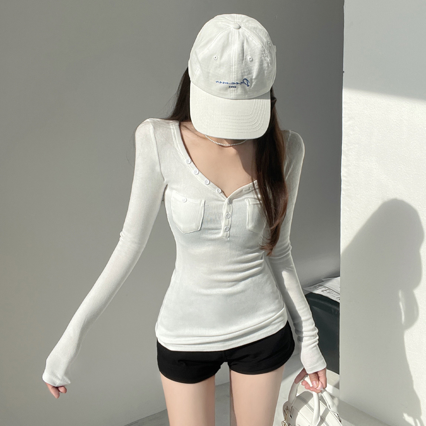 基础款~三色口袋亨利衫针织打底衫女秋大V领显瘦百搭内搭长袖上衣