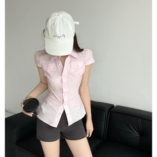 上衣女 南韩爱豆 韩系甜妹掐腰修身 显瘦短袖 粉色收腰气质正肩衬衫