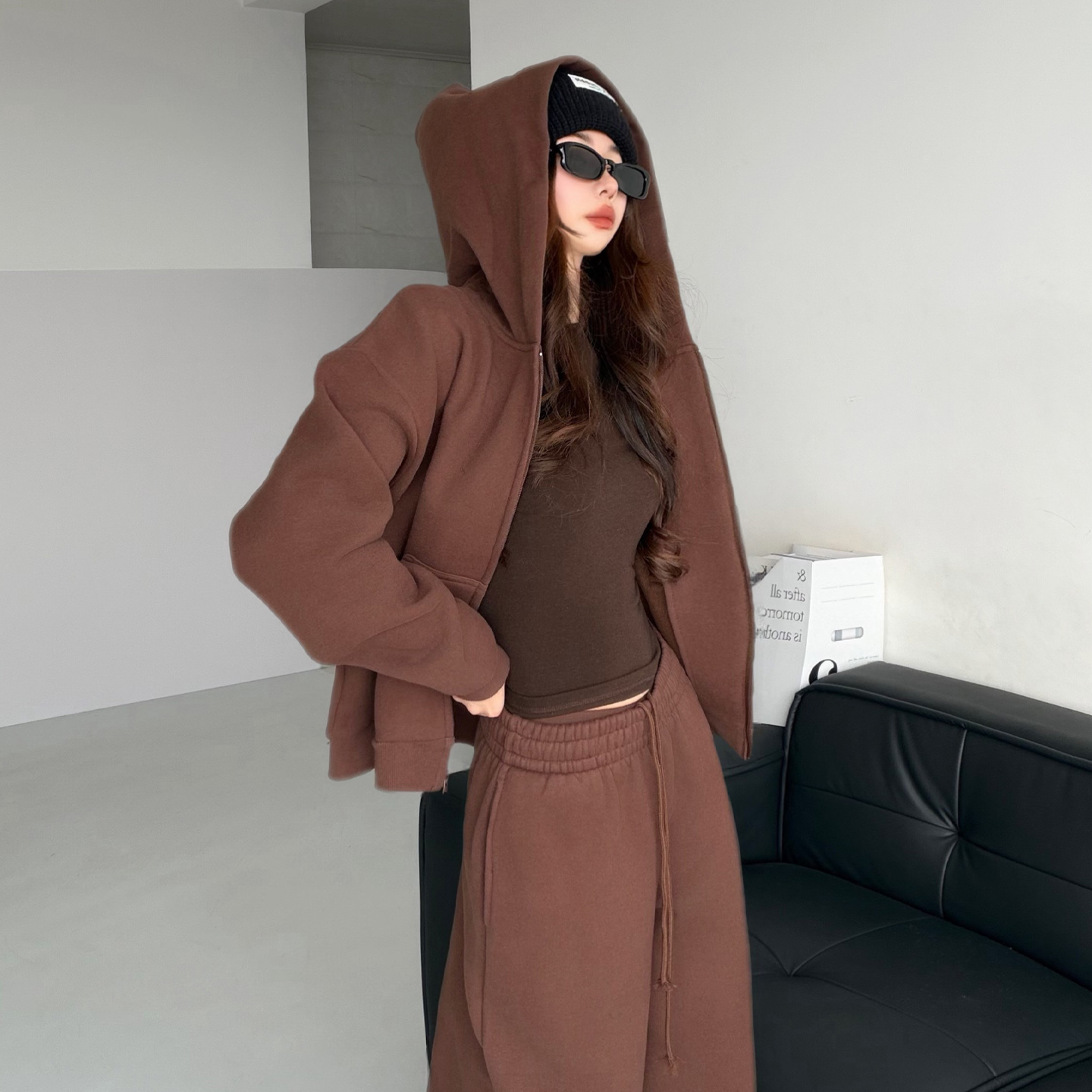 巨好穿~美拉德卫衣套装女秋冬时尚运动博主风内搭外套卫裤三件套