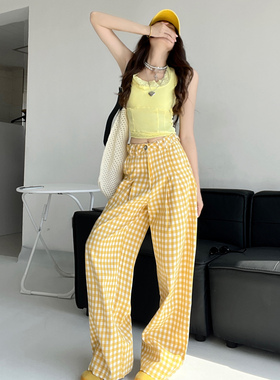 元气甜妹~黄色阔腿格子裤女夏美式复古百搭高腰直筒慵懒休闲裤子