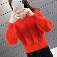 小个子水貂绒毛衣女秋冬加厚高腰短款针织打底衫女宽松配短裙上衣