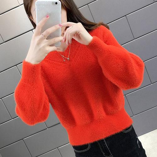 水貂绒短款毛衣纯色加厚秋冬